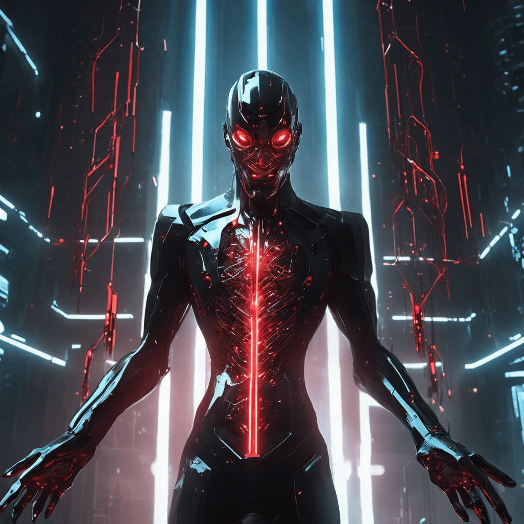 A towering figure clad in a sleek black suit, its face concealed by a digital mask displaying chaotic code. Glowing red optics scan for prey, and cybernetic implants glisten with a predatory hunger. Its hands, equipped with nanofiber blades, are ready to slice through both flesh and firewalls.