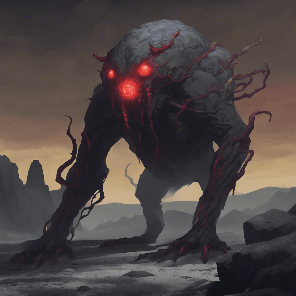 A huge stone creature with glowing red eyes and limbs wrapped in dark ethereal shadows.