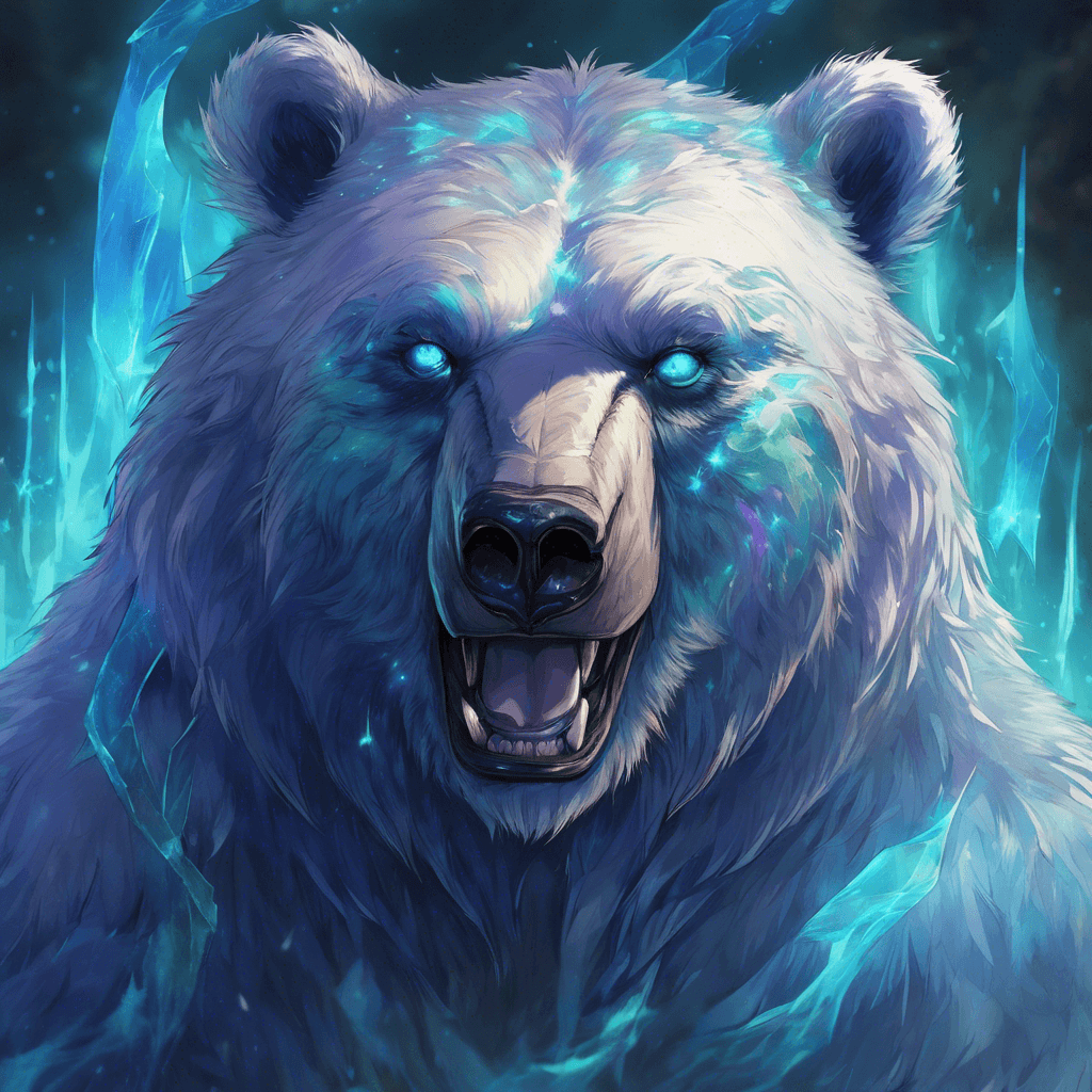 A massive bear with iridescent fur that seems to shimmer between the realms, razor-sharp claws, and piercing blue eyes that glow with arcane energy.