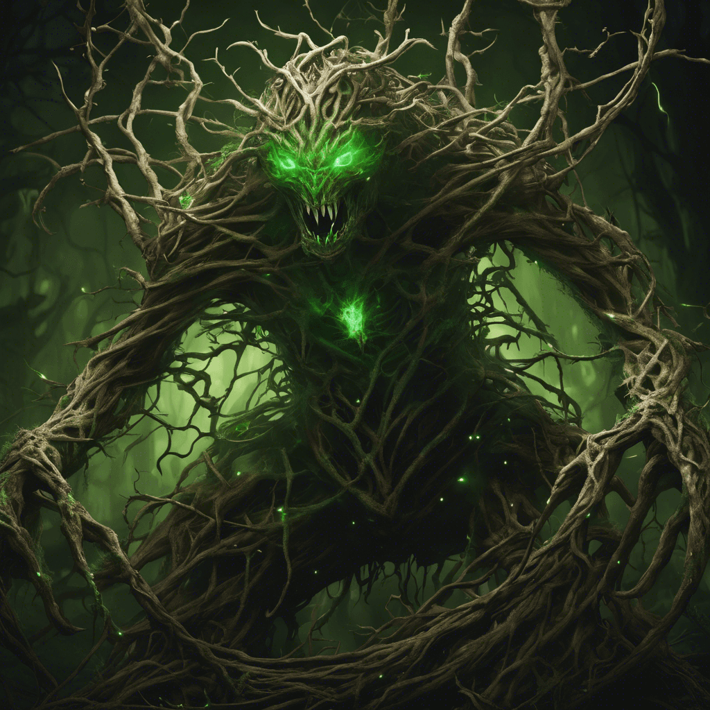 A gnarled humanoid figure made of twisted vines and sharp thorns, with glowing green eyes and a maw that seems capable of consuming light itself.