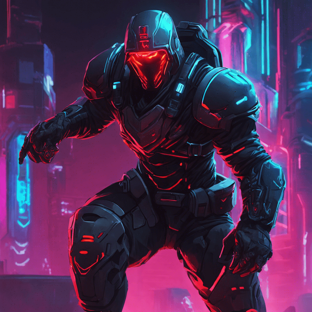 The Neon Rogue is a cybernetically enhanced mercenary, clad in sleek black armor embedded with pulsating neon lights. Their eyes glow with a menacing red hue, reflecting their ruthless nature. They move with enhanced speed and agility, ready to strike at a moment's notice.