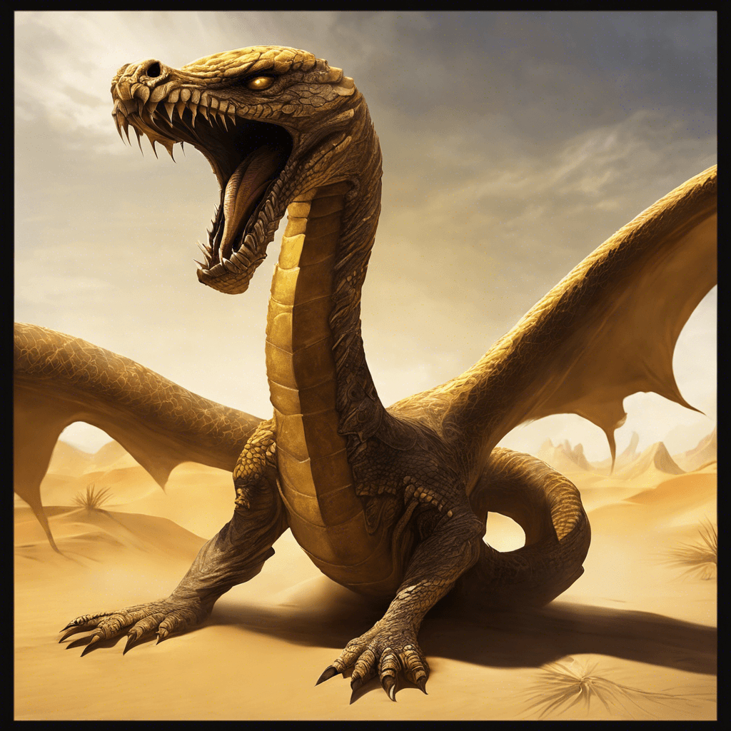 The Sand Serpent is an enormous creature with shimmering golden scales that reflect the desert sun. Its eyes glow like molten amber, and its fangs drip with a venom that sizzles upon contact with the sand. Its body undulates powerfully as it moves, capable of creating sandstorms with a mere flick of its tail.