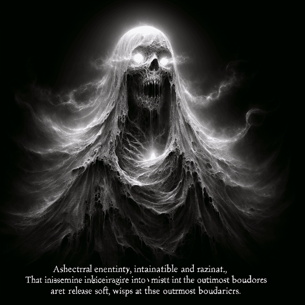 A ghostly figure, translucent and shimmering, with tattered robes that seem to dissolve into smoke at the edges. Its eyes are hollow yet emit a faint, eerie glow.