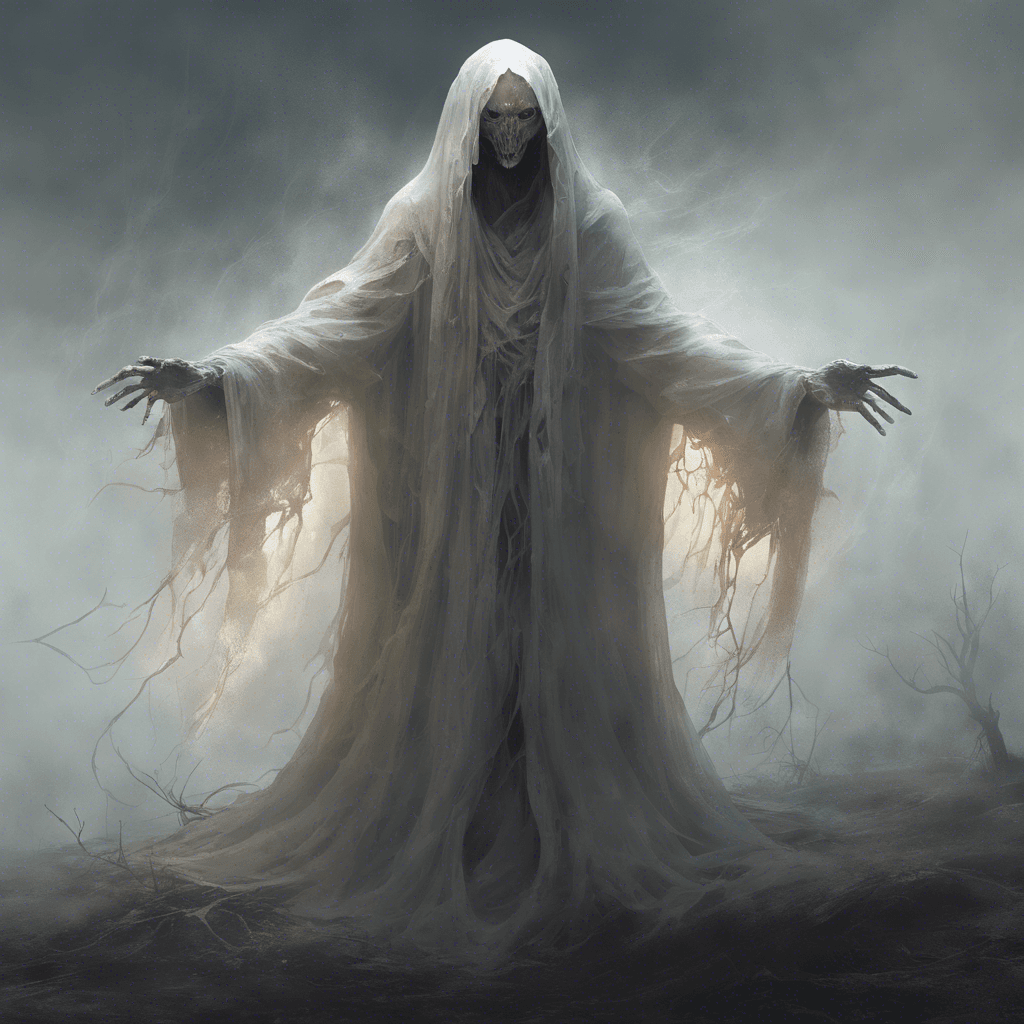 A translucent figure, ethereal and gaunt, with tattered robes that whisper along the ground. Its hollow eyes blaze with an eerie light, and its hands are outstretched, grasping for the living.