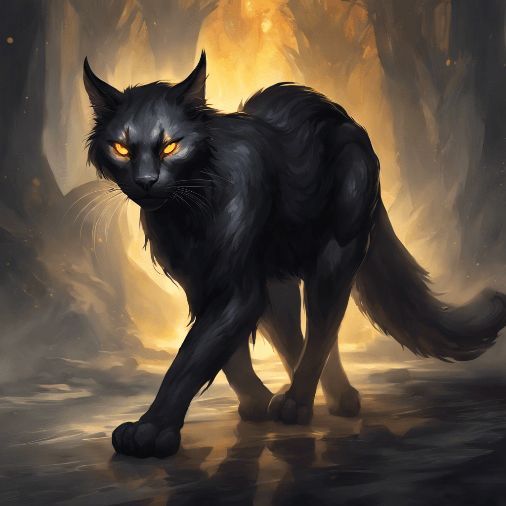 A large, magical cat-like creature with glowing amber eyes, a sleek black coat that absorbs light, and elongated, sharp claws. Its body exudes a shadowy aura, and wisps of dark mist swirl around its paws as it moves silently.