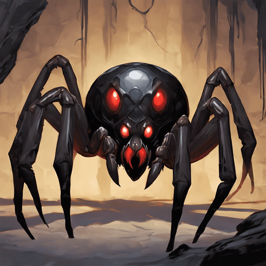 A massive spider with obsidian-black chitin glistens in the faint light reflecting off the artifact. Its eight eyes glow with a haunting red intensity, and venom drips from its oversized, sharp fangs. The spider moves with unsettling silence for its size, save for the occasional skittering sound as its legs make contact with the cold, hard ground.