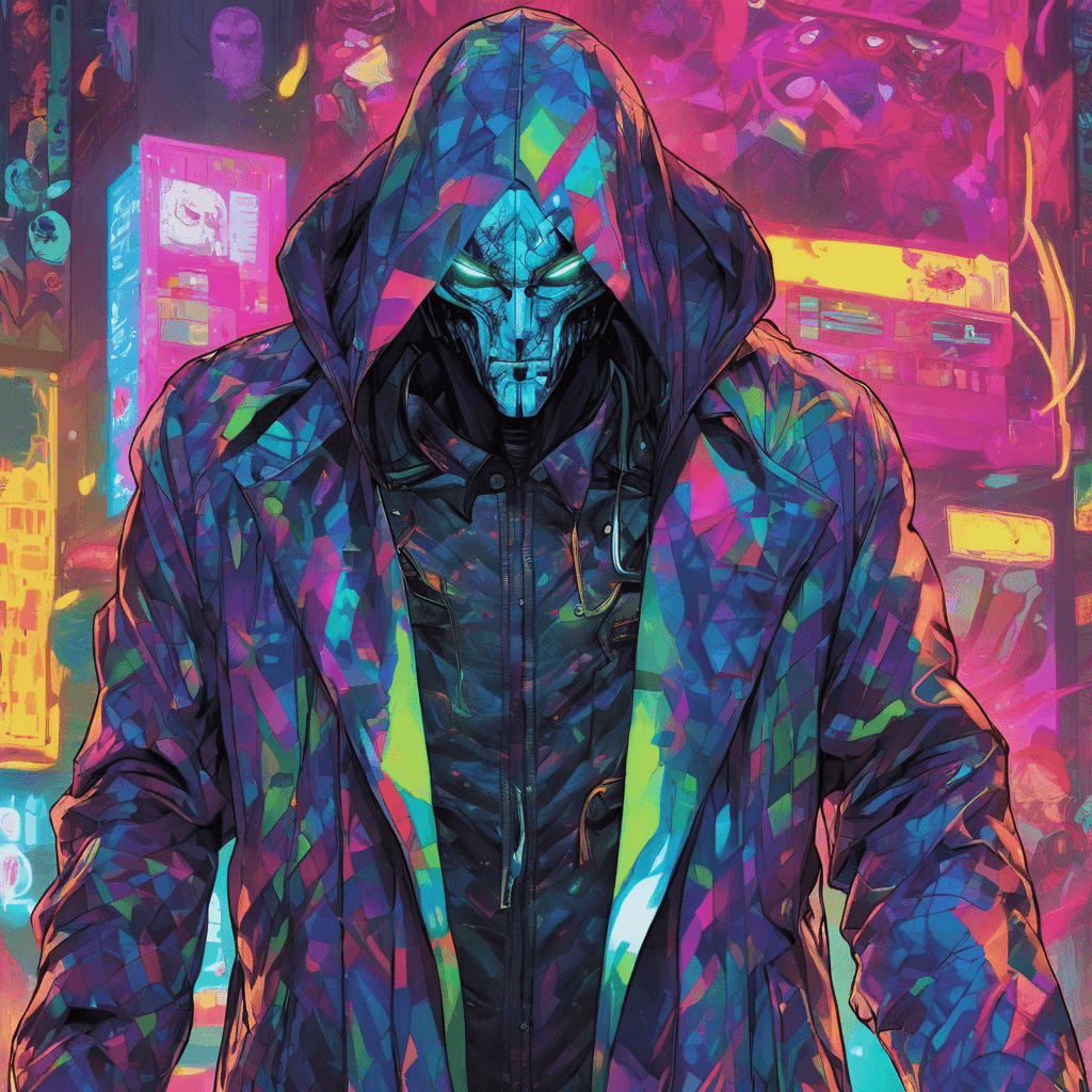 An enigmatic and menacing figure standing over 6 feet tall, draped in a holographic trench coat that flickers between various chaotic patterns and neon hues. His face is obscured by a cybernetic mask displaying a range of unnerving animated expressions, while his hands boast implanted claws capable of slicing through steel.