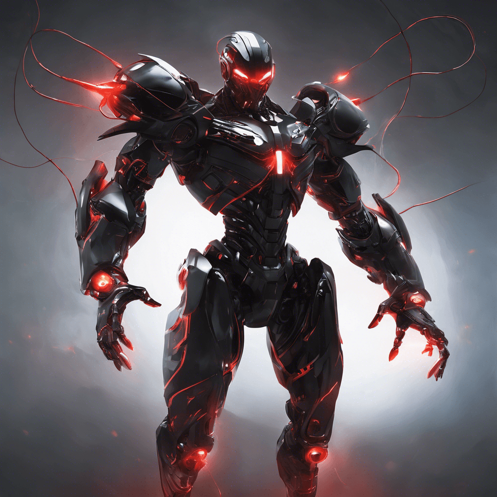 A humanoid figure clad in reflective black armor with glowing red optics, pulsing with electricity. It has cybernetic enhancements with visible wires and hydraulics, whirring with every movement. Its left arm is a retractable energy blade while the right is a built-in plasma cannon.