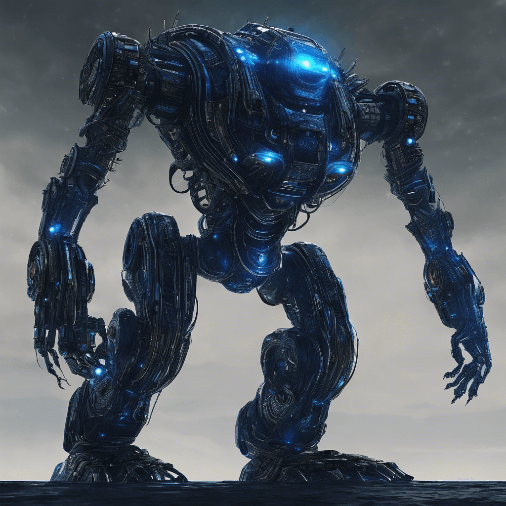 A towering robotic entity shrouded in darkness, with glowing blue circuits snaking across its metallic body. Its eyes emit a menacing, otherworldly glow, reflecting the vast emptiness of space.