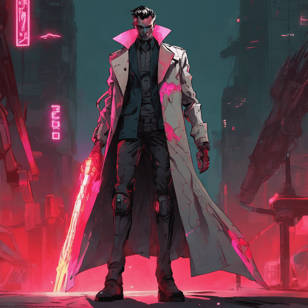 A towering figure in a long, tattered trench coat, adorned with glowing neon tattoos. Augmented with cybernetic limbs, one arm is a high-caliber plasma cannon, the other a reinforced blade. Their eyes glint with a sinister red light as they scan their surroundings.