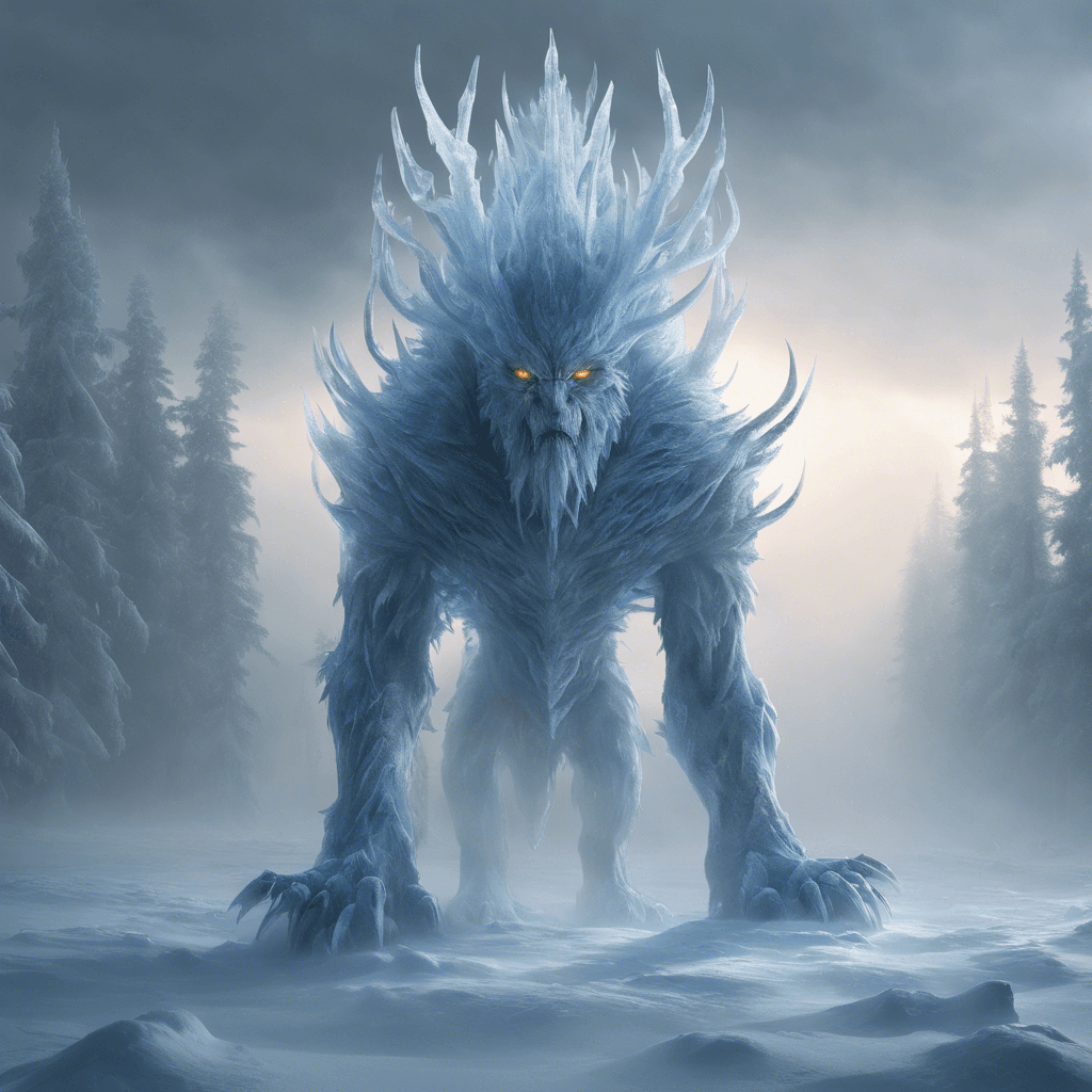 A towering figure shrouded in icy mist, with razor-sharp crystalline claws and glowing eyes the color of deep winter frost.