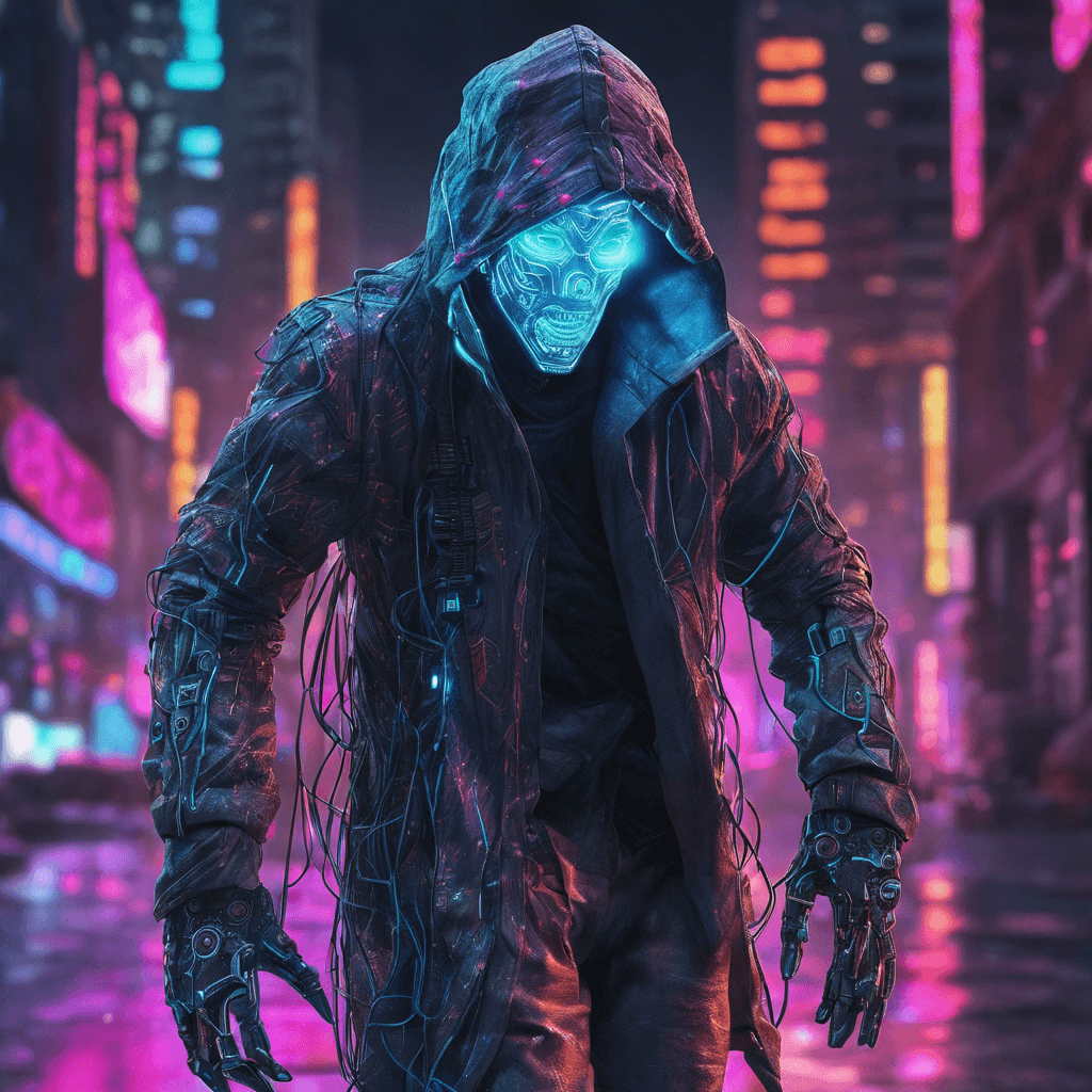 The Revenant Hacker is a cybernetic enemy with a ghostly, translucent appearance, blending seamlessly with the neon glow of the cyberpunk city. Its body is covered in intricate circuit patterns that seem to pulse with energy. Its eyes glow with an eerie light, hinting at its advanced hacking abilities.