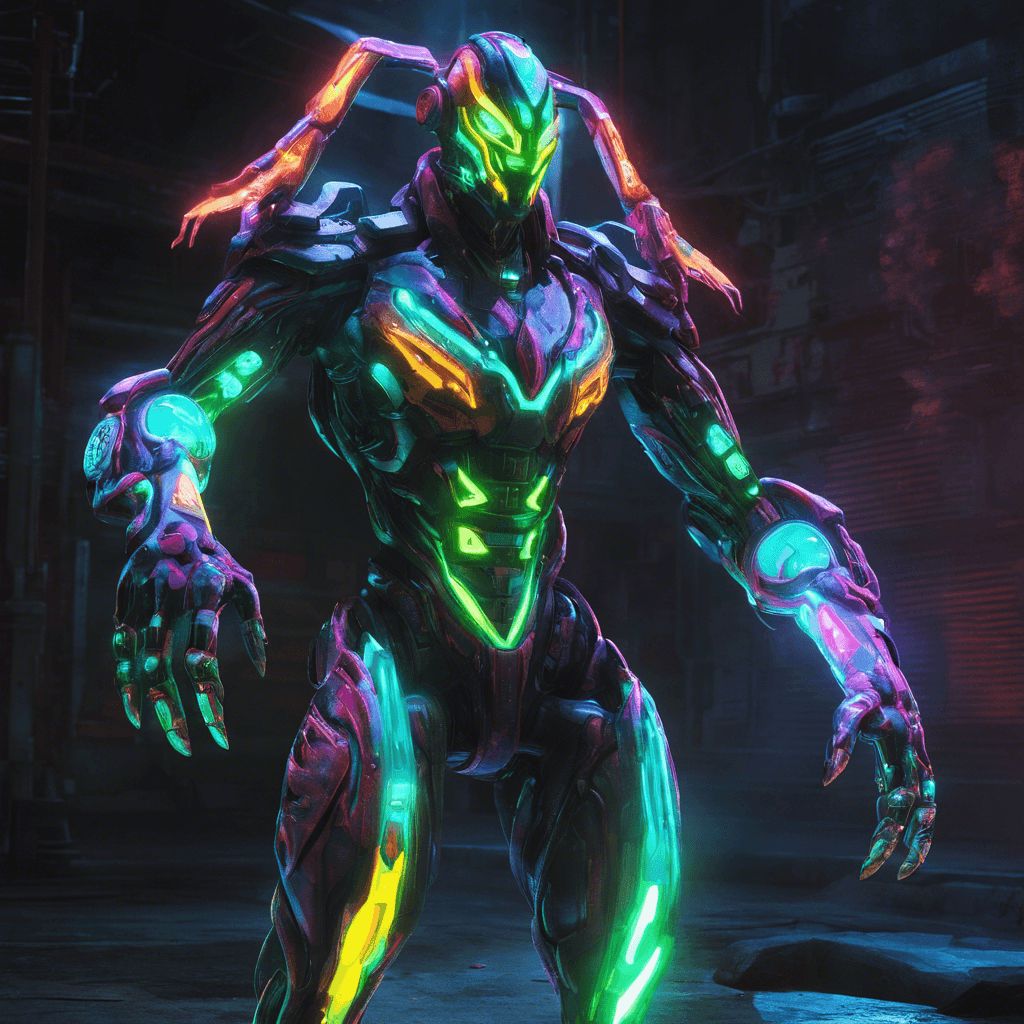 The Neon Ravager is a towering cyborg covered in glowing neon lights, giving off an otherworldly aura. Its cybernetic limbs are equipped with razor-sharp blades and its eyes glow with an eerie intensity, scanning the area for any threats.