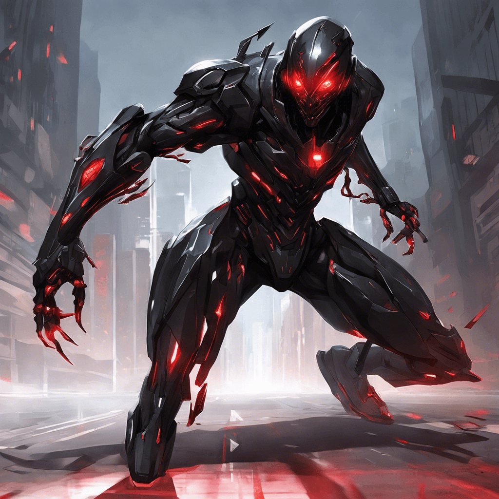 The Shadow Cyborg Assassin is a sleek, black cybernetic humanoid with glowing red eyes. Its body is covered in advanced armor plating, and it wields razor-sharp blades integrated into its arms. It moves with unnatural speed and agility, a deadly combination of stealth and precision.