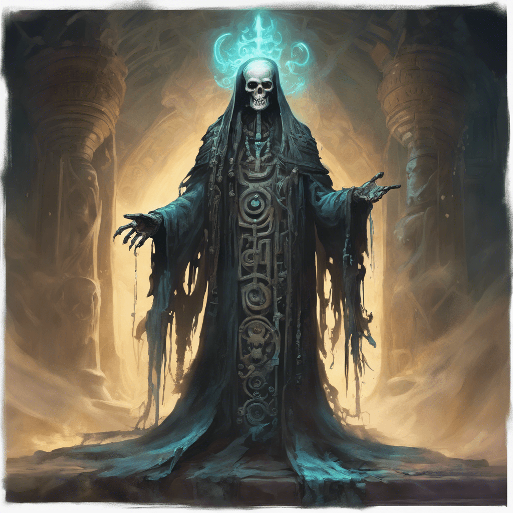 The Cursed Priest of Xibalba is a towering figure clad in tattered ceremonial robes, its skull-like face adorned with ancient glyphs that seem to glow with an otherworldly light. Wisps of ethereal mist surround its spectral form as it moves with an eerie grace, its eyes gleaming with malevolent intent.