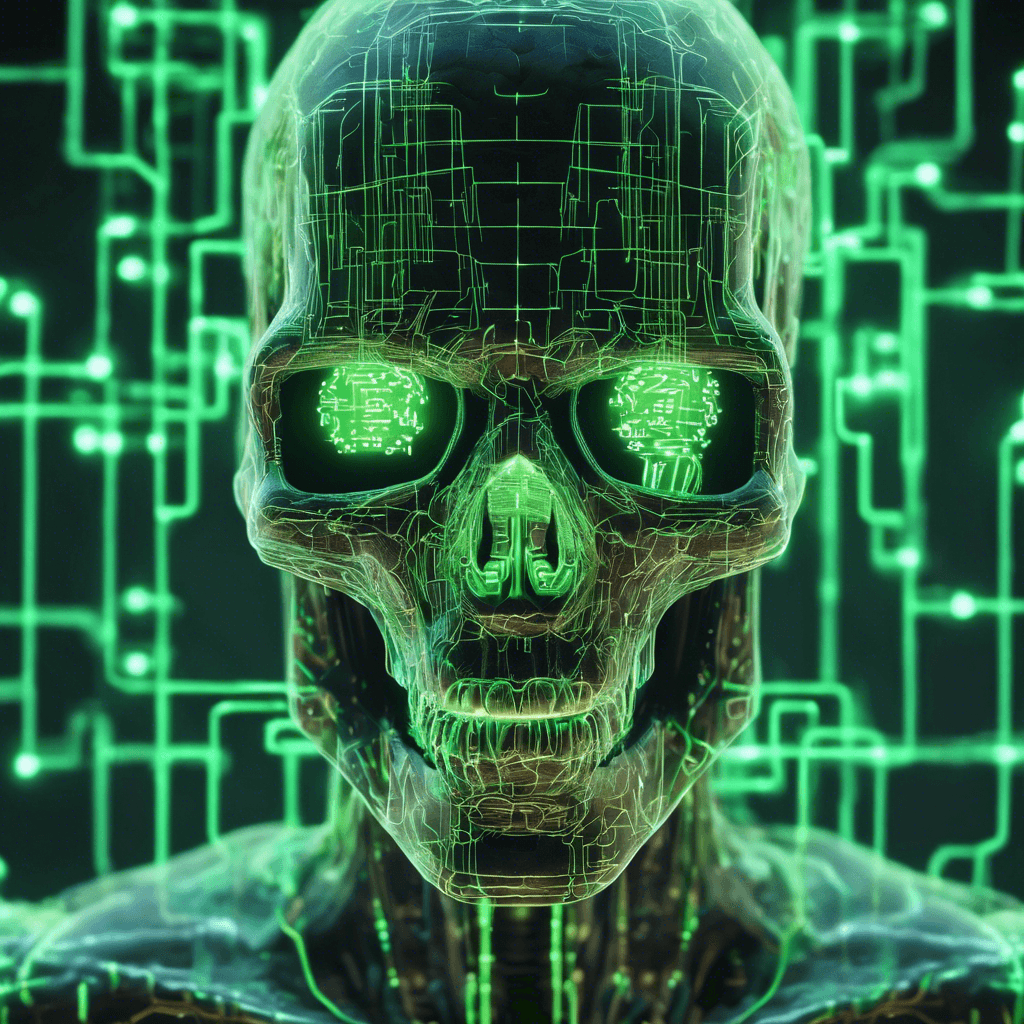 A spectral figure with a translucent body, illuminated by flickering lines of code running through its form. It has cybernetic implants in its skull and neon green eyes that glow with malicious intent.