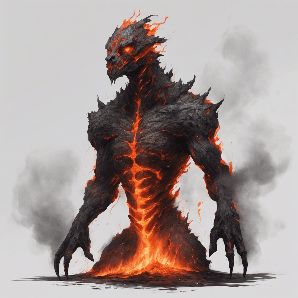 A towering creature made of smoldering charcoal and molten magma, with veins of fire coursing through its cracked, ashen skin. Eyes like blistering coals seethe with rage, and smoke billows from its mouth with each breath it takes.