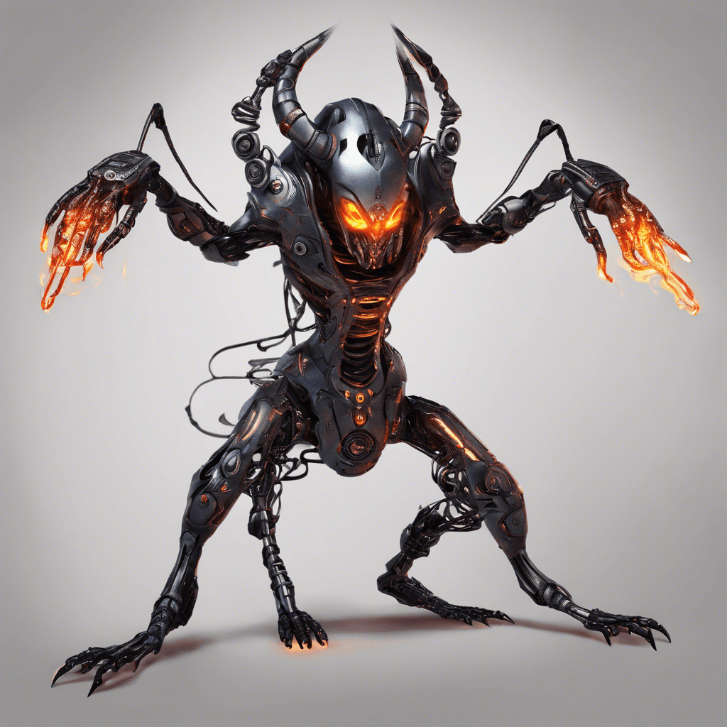 A Cyber Yokai, blending ancient demon lore with futuristic cyber enhancements. It has wiry, metallic limbs, glowing runes etched into darkened steel skin, and eyes that burn with a virtual fire.