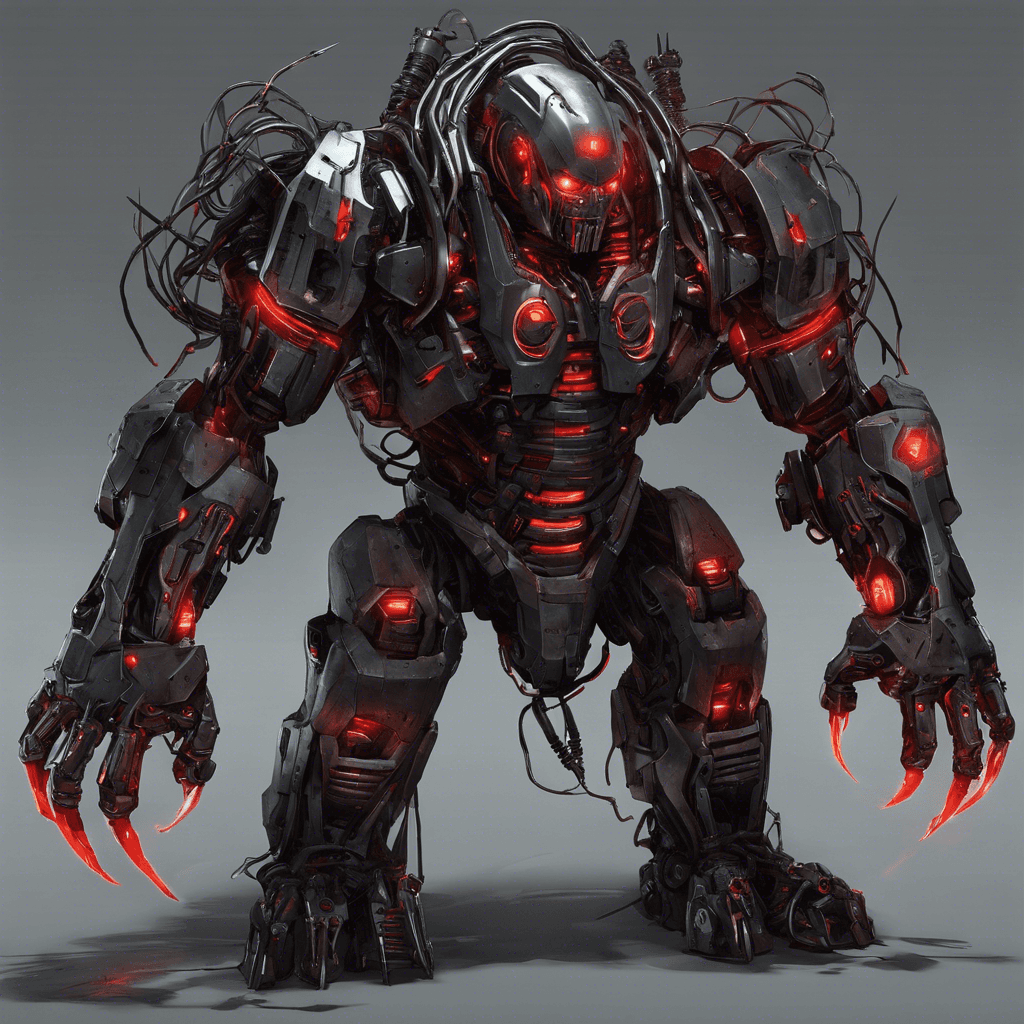 The Cybernetic Enforcer is a hulking machine of metal and wires, its red glowing eyes piercing through the darkness. Its body is adorned with various cybernetic enhancements, and its mechanical arms end in deadly sharp claws. It moves with precision and power, ready to crush anything in its path.