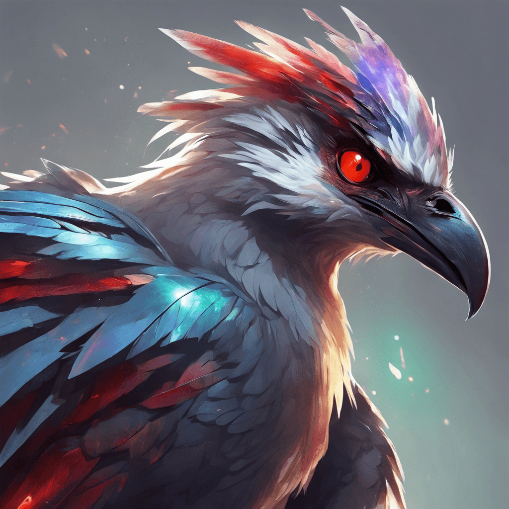 A large bird with iridescent, shard-like feathers and talons sharp as knives. It has piercing red eyes and emits a disruptive aura of magic.