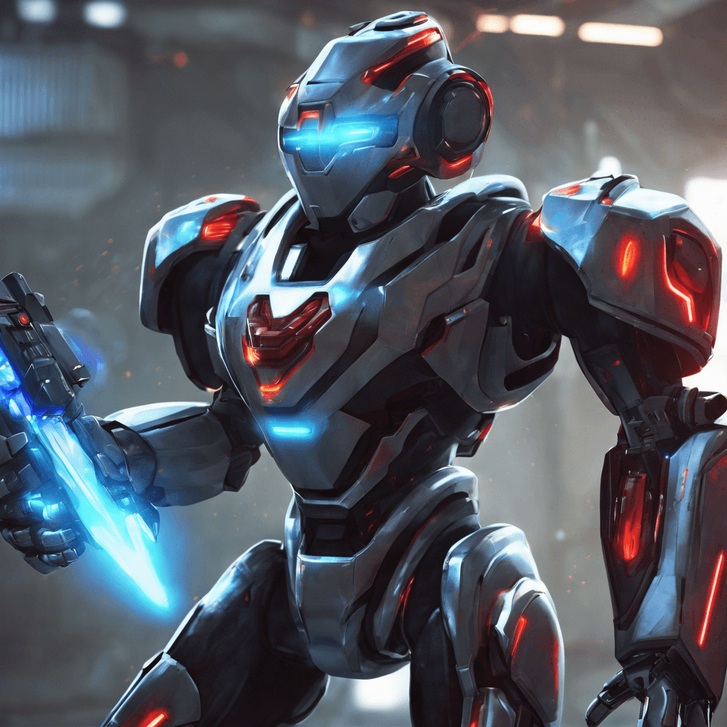 The Xenon Blaster is a sleek, humanoid robot covered in futuristic metallic armor. It emits a faint blue glow from its core, indicating its power source. Its eyes are sharp red lasers scanning the surroundings for its next target.