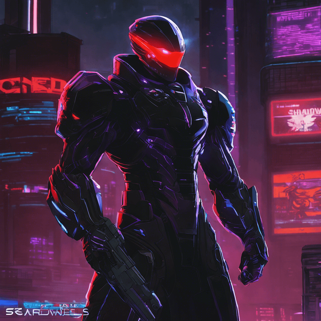 The Shadow Sentinel is a cybernetically enhanced enforcer of the shadows. Its sleek black armor reflects the neon lights of Neo City, blending seamlessly into the darkness. Its glowing red visor scans the area for intruders, ready to strike with lethal precision.