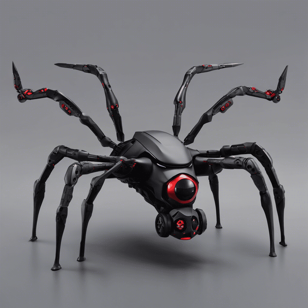 A sleek, spider-like drone with a matte black carapace, multiple red scanning eyes, and articulated limbs carrying various tools and weaponry. It moves with a silent, menacing grace, suggesting advanced stealth technology.