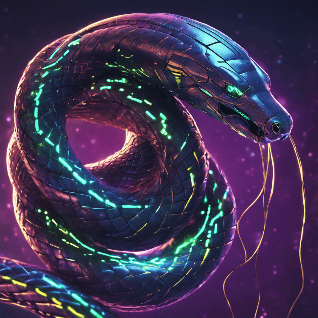 A sleek cybernetic serpent, its metallic scales shimmer with neon coding scripts. Its eyes are glowing data cores, and tendrils of fiber optic cables slither from its form.