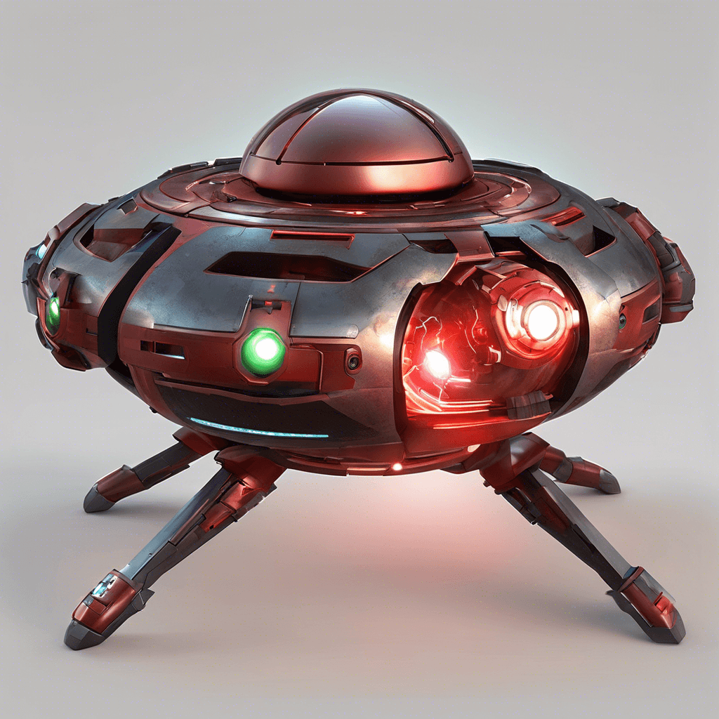 A hovering, spherical drone with a metallic sheen and glowing red sensors. It's equipped with several rotating segments, each containing weaponry such as a plasma blaster, a net launcher, and retractable razor-edged pincers.