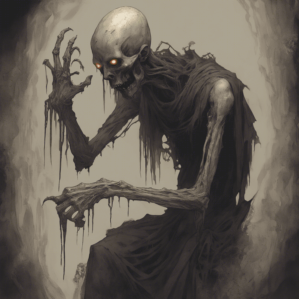 A hunched figure with pallid, decayed flesh, long claw-like fingers, and eyes that glow with a haunting, baleful light.