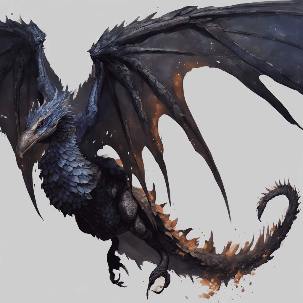 A fearsome drake with ebony scales that shimmer like the night sky. Its wings are vast and tattered at the edges, and it breathes swirls of dark smoke, ready to belch forth a cone of consuming flame.