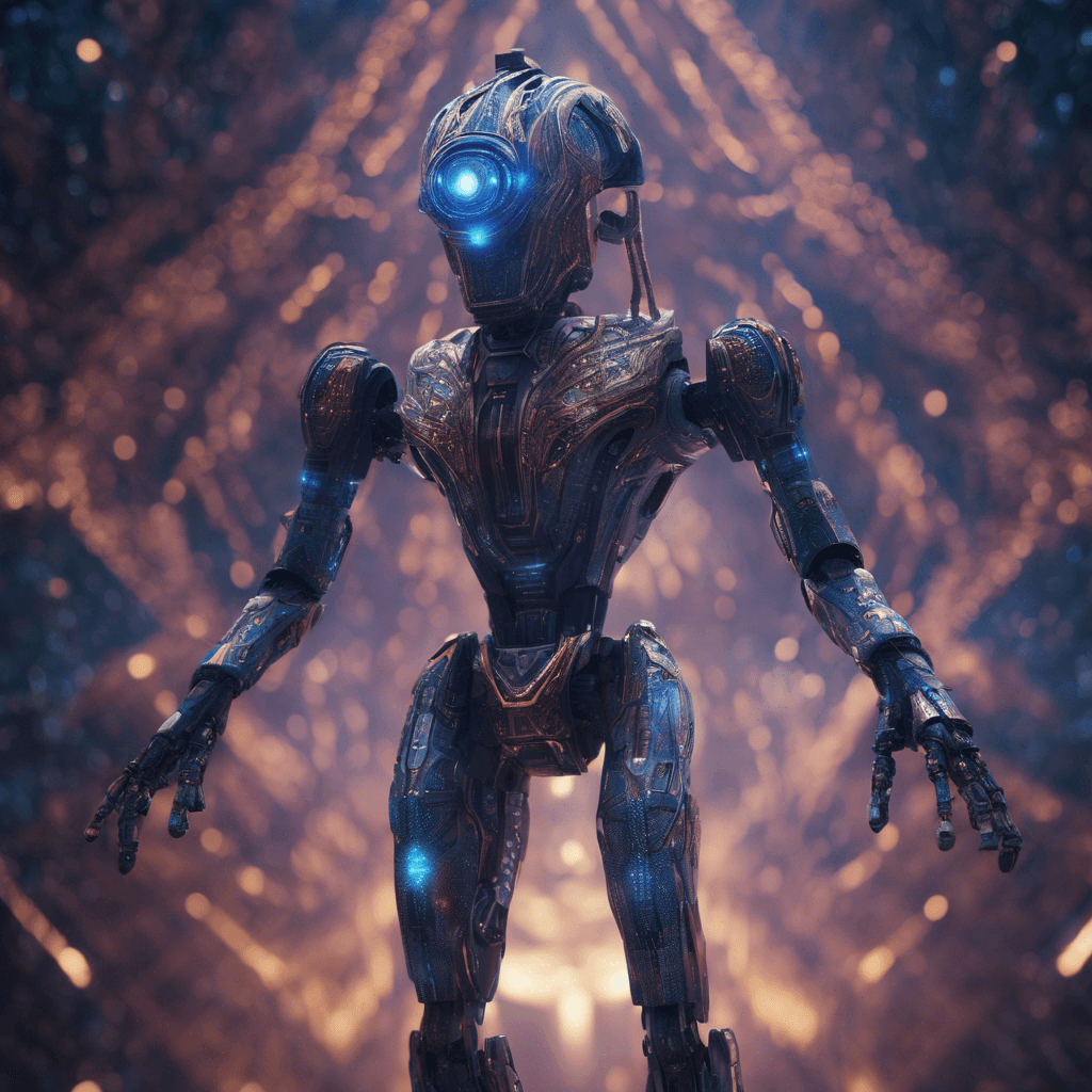 The Nebula Sentinel is a towering robotic entity, adorned with intricate patterns that seem to mimic the cosmic dance of nebulae. Its eyes glow with a fierce intensity, scanning its surroundings with advanced sensors. It moves with a graceful yet powerful gait, emanating an aura of otherworldly energy.