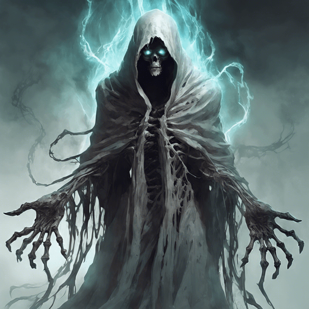 The Phantom Revenant is a ghastly figure draped in tattered robes, its skeletal hands reaching out with an otherworldly chill. Glowing eyes shine from beneath its hood, emanating an aura of dread and despair. Wisps of ethereal energy swirl around its form, manifesting its spectral nature.