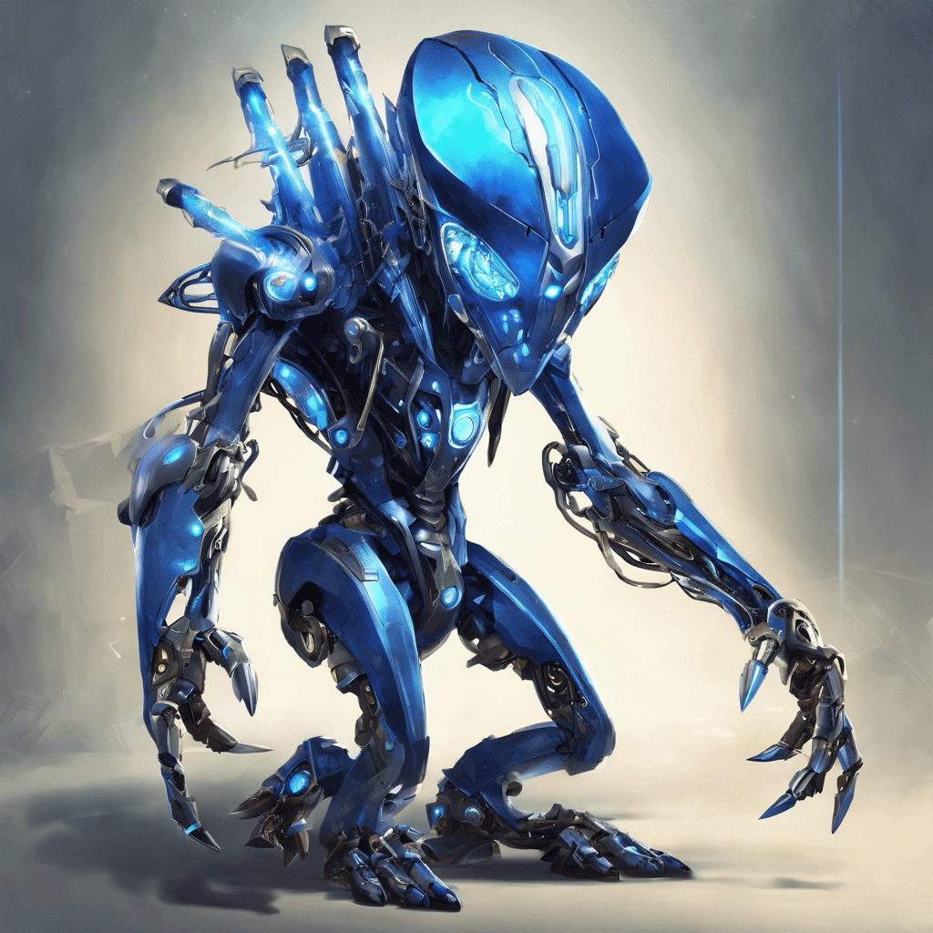 A mechanized creature with a sleek metallic exoskeleton, vibrant blue energy pulsating from the seams, razor-sharp appendages, and a sensor array blinking with sinister intent.