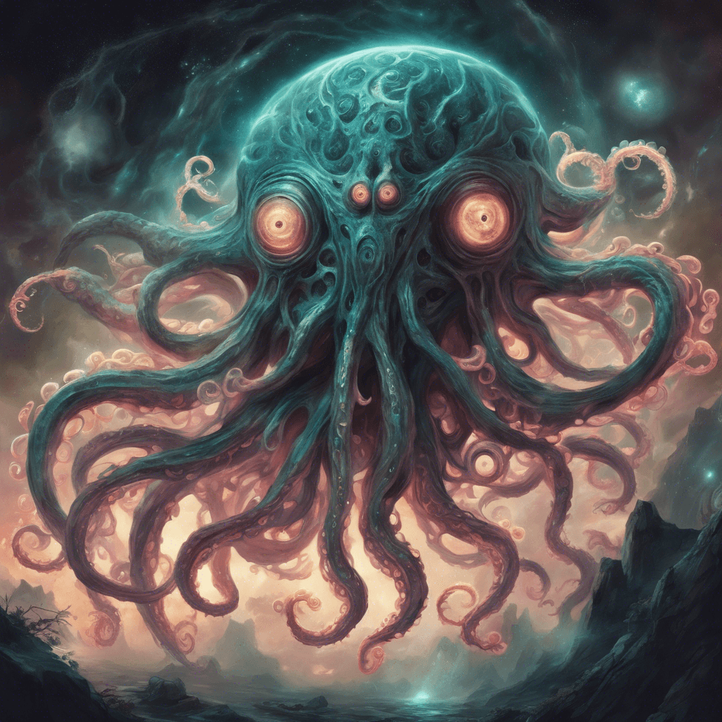 A grotesque creature, the Astral Parasit appears as a swirling mass of tentacles and glowing orbs, its body semi-transparent with an ethereal glow, tendrils of dark matter coiling around it, pulsing with alien energies.