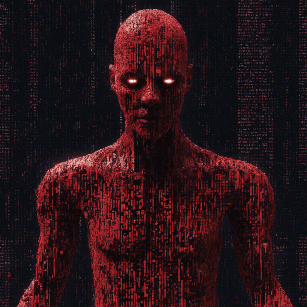 A humanoid figure made of cascading digital code and corrupted data streams. Its hands crackle with malicious code. Its eyes are vibrant pixels of red, scanning with predatory precision.