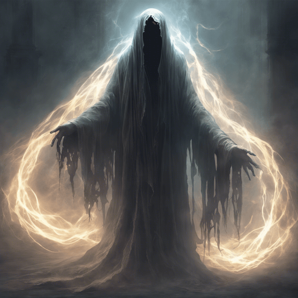 A wraith-like figure shrouded in tattered, ethereal robes, with glowing eyes that pierce through the darkness. Wisps of cold, ghostly energy emanate from its form, chilling the air around it.