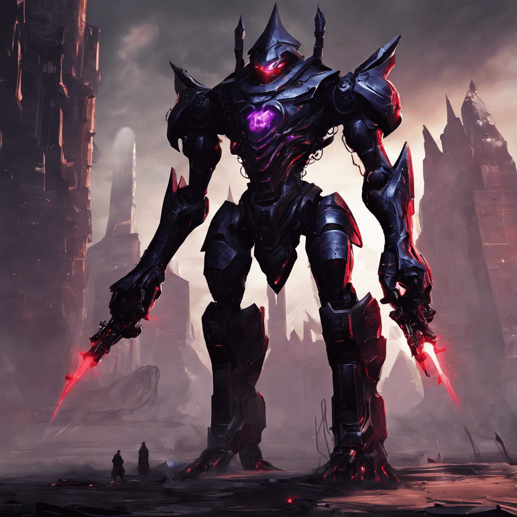 The Voidwalker Sentinel is a towering robotic entity with sleek, obsidian armor that seems to absorb the very light around it. Its glowing red eyes pierce through the darkness, emanating an aura of unyielding power and control. This ancient guardian of the void is equipped with a myriad of advanced weaponry and defensive systems, making it a formidable opponent in combat.