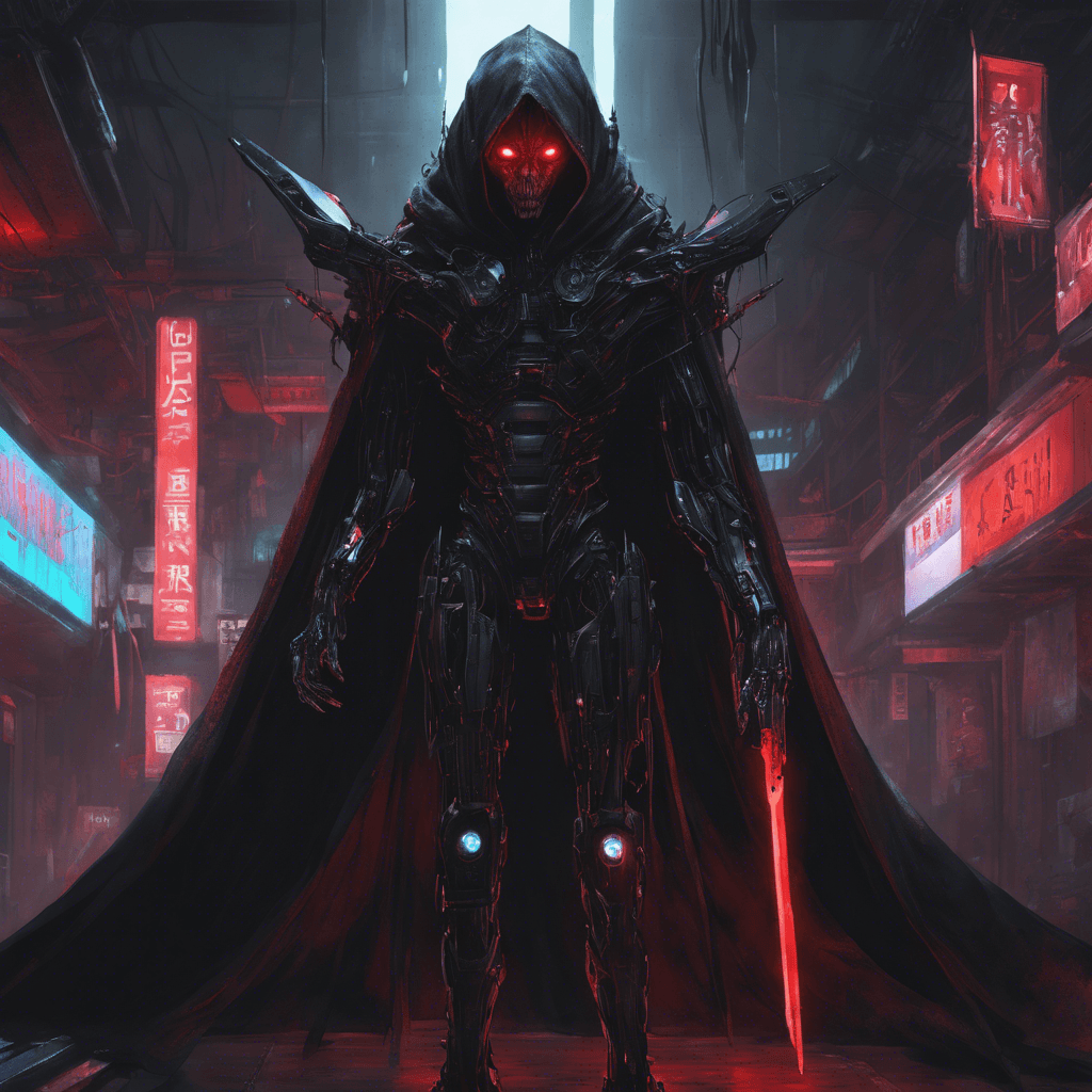 A towering cybernetic humanoid, draped in a tattered black cloak. Its eyes gleam with a sinister red hue, and mechanical limbs fitted with various bladed weapons glisten under the flickering neon lights.