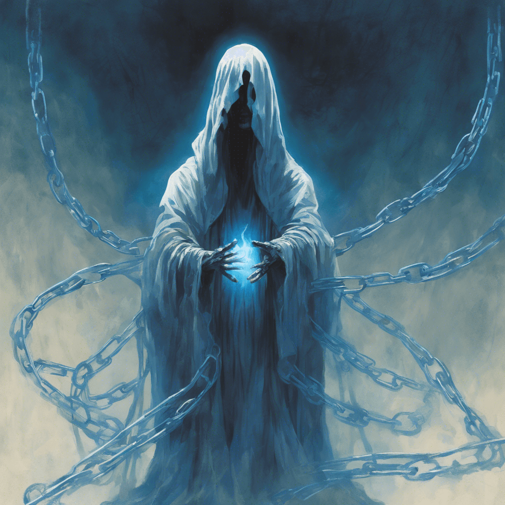 A spectral figure with tattered robes floating around its form, emanating a ghostly blue light from its hollow eye sockets. Its hands are outstretched, with ethereal chains dragging behind it.