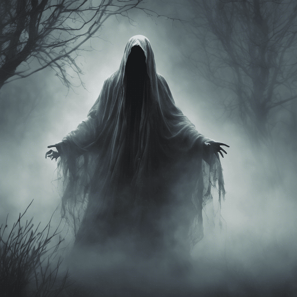 The Whispering Specter is a ghostly figure shrouded in tattered robes, its face obscured by a misty haze. Its eyes glow with an otherworldly light, and its voice echoes like a chilling wind through the fog of Willow's End.