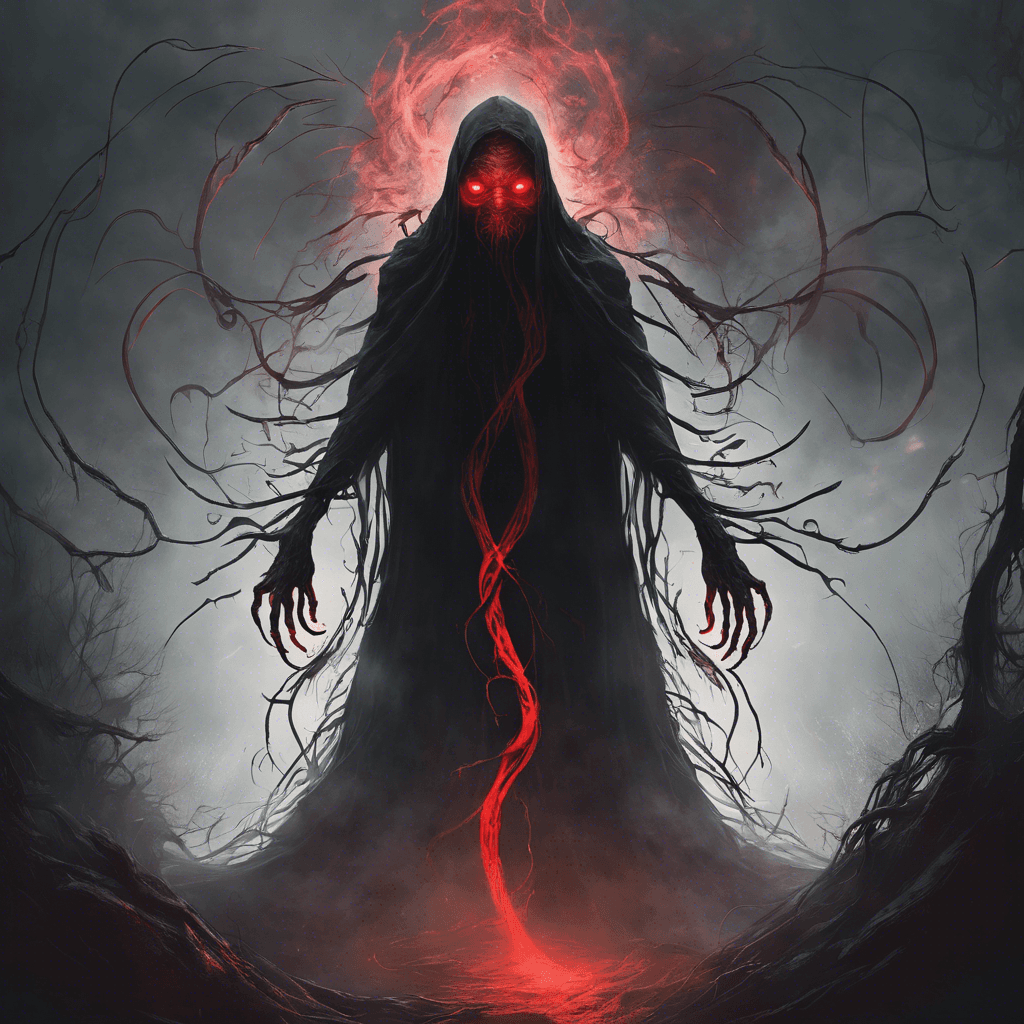 A shadowy figure with glowing red eyes, tendrils of darkness swirling around its form. It emits a chilling presence that freezes the air and instills fear in those who gaze upon it.