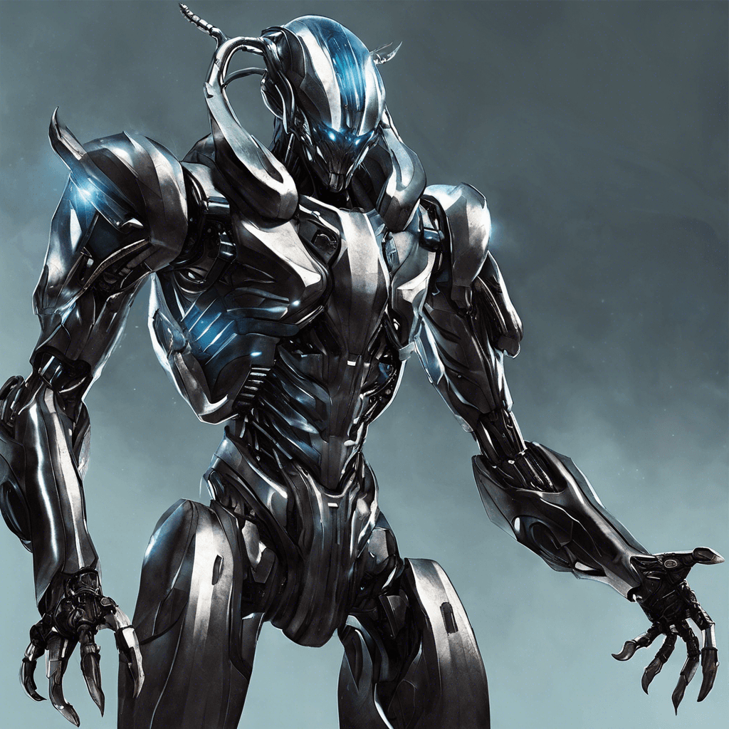 The Xenon Enforcer is a towering alien robot, standing at 10 feet tall. Its body is covered in sleek, metallic armor that gleams in the dim light of the ship. Four arms extend from its torso, each ending in sharp, claw-like appendages. Its cold, robotic visage emits a low hum, giving an eerie presence to the room.