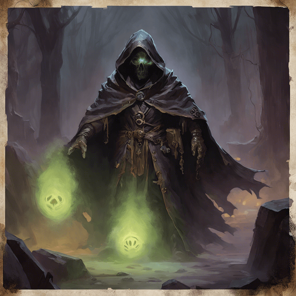 The Specter of Gloomhaven is a ghastly figure draped in tattered black robes, shrouded in a mist that churns with whispers of lost souls. Its eyes glow with malevolent energy, and its presence chills the air around it, causing a sense of unease to settle over all who behold it.