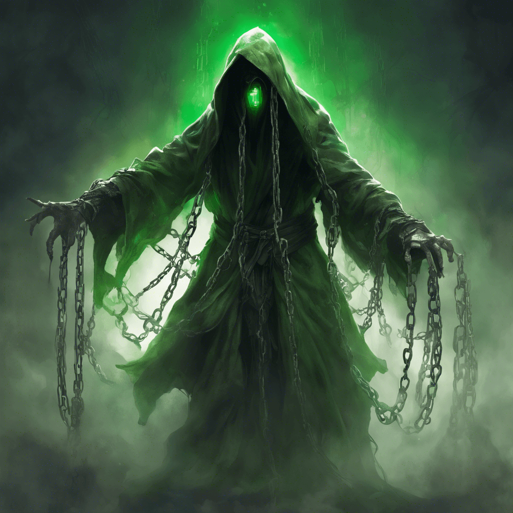 A gaunt figure with tattered robes floating above the ground, its face obscured by a deep hood. Ethereal chains dangle from its wrists, clattering with each movement. Its eyes glimmer with a malevolent green light.