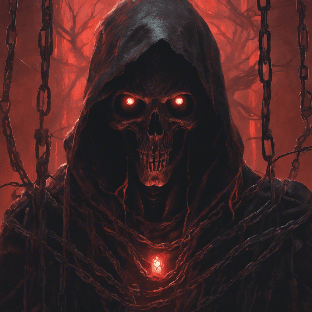 A wraith-like creature with tattered robes hanging off its skeletal frame, ethereal chains wrapped around its arms, and a face obscured by a hood. Its eyes glow with a malevolent red light, and its hands crackle with dark energy.