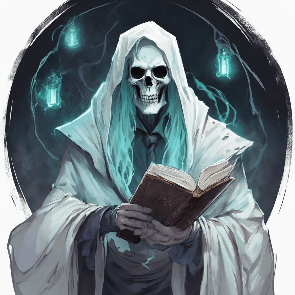 The Phantom Librarian is an ethereal entity garbed in tattered robes with pockets of darkness where its eyes should be. Wisps of ghostly white hair float above its skull, and a spectral glow emanates from its faded attire.