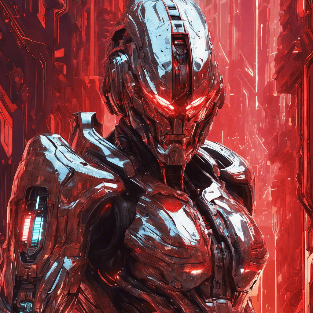 A towering figure clad in reflective chrome armor, glistening with integrated circuits and menacing enhancements. Glowing red optics scan the room, while cybernetic arms gleam, housing hidden weaponry.