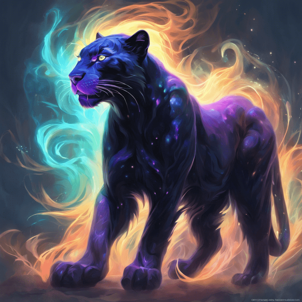 A ghostly panther with ethereal fur shimmering in spectral colors, its eyes glowing with an otherworldly light. It moves with a silent grace, its form occasionally flickering between the material and spirit world.