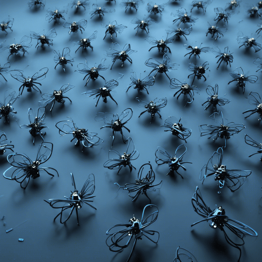 The Nano Swarm is a cloud of microscopic robotic insects that move in a coordinated manner, forming swirling patterns in the air. They emit a faint buzzing sound as they approach, their metallic bodies reflecting the dim light of the neon-blue fog.